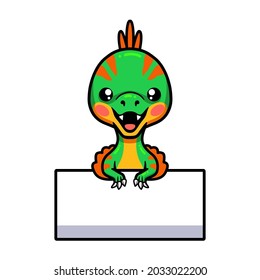 Cute little oviraptor dinosaur cartoon with blank sign