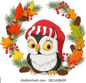 Cute little owl with autumn leaves