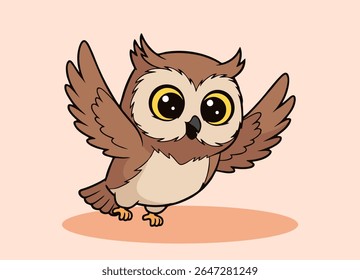 cute little owl  with big eyes flying and smiling happy