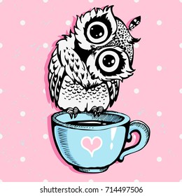 Cute little owl bird character with cup and pink background