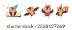 Cute Little Owl Character with Large Eyes and Wings Vector Set