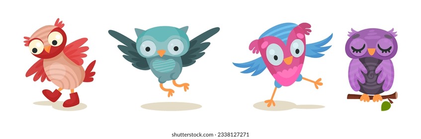 Cute Little Owl Character with Large Eyes and Wings Vector Set