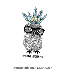 Cute little owl with indian headdress. Vector hand drawn illustration of funny bird and feathers, 