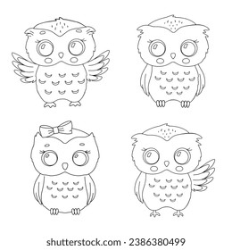 Cute little owl line set. Vector outline sketch for childish coloring book. Baby bird for kids