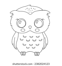 Cute little owl line. Vector outline sketch for childish coloring book. Baby bird for kids