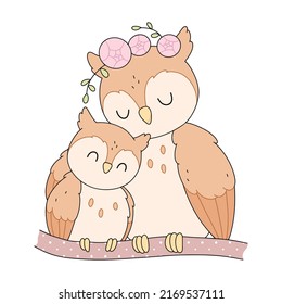 Cute little owl with mom, nursery baby shower illustration