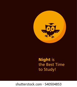 cute little owl over orange color full moon vector illustration. concept of night time studding with wisdom symbol bird wearing university hat