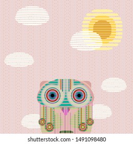 Cute little owl with pink sky.