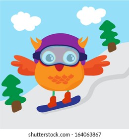 Cute little owl snowboarding on the mountain. Vector illustration