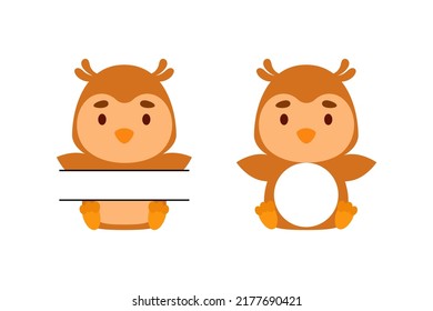 Cute little owl split monogram. Funny cartoon character for kids t-shirts, nursery decoration, baby shower, greeting cards, invitations, scrapbooking, home decor. Vector stock illustration