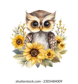 Cute Little Owl with Sunflowers Watercolor Vector Illustration