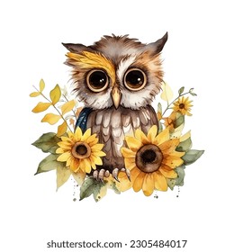 Cute Little Owl with Sunflowers Watercolor Vector Illustration