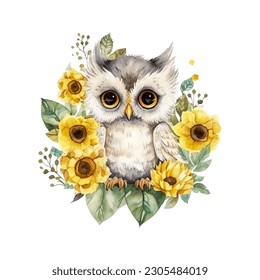 Cute Little Owl with Sunflowers Watercolor Vector Illustration