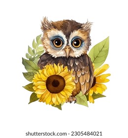 Cute Little Owl with Sunflowers Watercolor Vector Illustration