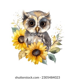 Cute Little Owl with Sunflowers Watercolor Vector Illustration