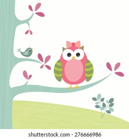 cute little owl vector illustration on tree