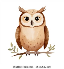 Cute little owl in watercolor painting style. Woodland owl. Watercolor owl. 