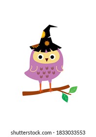 cute little owl with witch hat halloween greeting vector