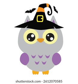 Cute little owl witch vector cartoon illustration for kids