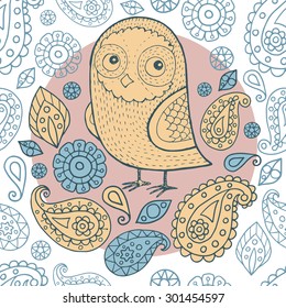 Cute little owlet and floral pattern. Owl. Doodle, hand drawing, illustration.