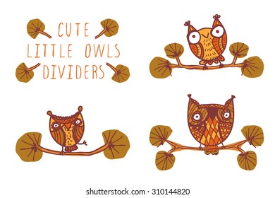 Cute little owls - dividers. Suitable for decoration, ads, signboards, packaging, prints and web designs.