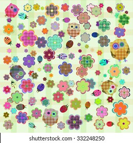 cute little owls ladybugs and flowers background., vector illustration