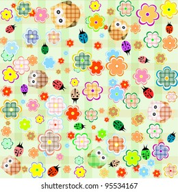 Cute Little Owls Ladybugs And Flowers Background Vector