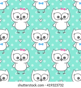 cute little owls, vector baby seamless pattern