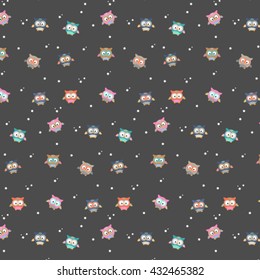 Cute little owls vector pattern on dark background with stars. Fabric or textile design
