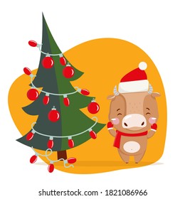 Cute little ox. Chinese new year 2021. Ox with new year tree