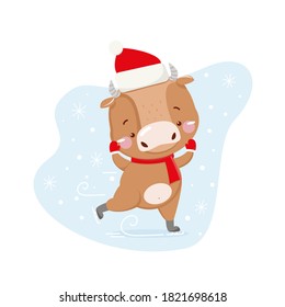 Cute little ox. Chinese new year 2021. Skating ox