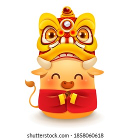 Cute little Ox with Chinese New Year Lion Dance Head. Chinese New Year. Year of the Ox. 