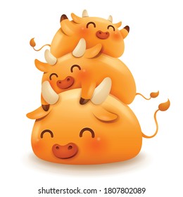 Cute little ox pile. Three little Ox. Chinese New Year. The year of the Ox.