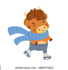 Cute little ox wearing a knitted scarf. Cow cartoon character. Kawaii bull skating. 2021 zodiac sign. New year animal. Vector illustration.