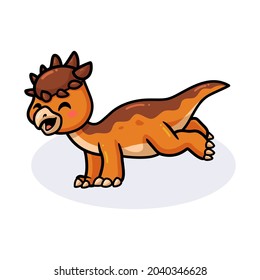 Cute little pachycephalosaurus dinosaur cartoon jumping
