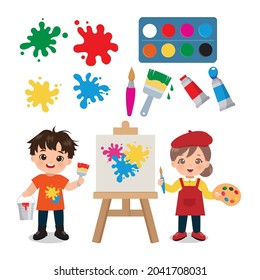 Cute little painter boy and girl clipart set. Flat vector cartoon design