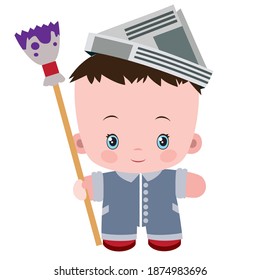 pintor lindo en un sombrero de papel y con un gran pincel, objeto aislado en un fondo blanco, ilustración vectorial, eps