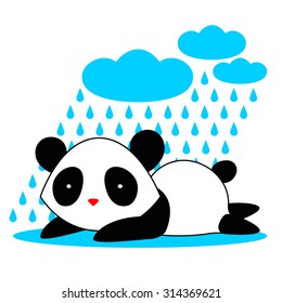 Cute little panda bathing in a pool of rain. Simple vector template