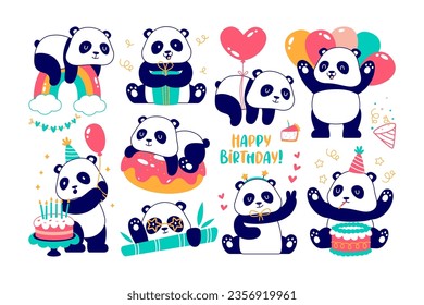 Pequeño y lindo personaje de caricatura del oso panda celebrando la fiesta de cumpleaños aislado en blanco. Animales del zoológico de Kawaii con pasteles, globos y caja de regalo, sobre ilustración del arco iris y del vector de donut