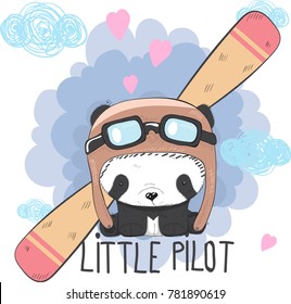 Cute little Panda bear flying plane cartoon hand drawn vector illustration. Can be used for t-shirts print, fashion print design, children's clothing, baby shower, holiday greeting and invites.