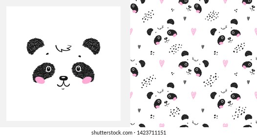 Cute Little Panda Bear with Hearts Vector Seamless Childish Pattern and T-shirt Print Design with Black and White Chinese or Bamboo Bear. Scandinavian Poster for Kids