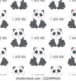 Cute Little Panda Bear with Hearts and dots Vector Illustration for Kids. Love Seamless Childish Pattern with Kawaii Baby Animals. Black and White Chinese or Bear Print for Nursery Wallpaper