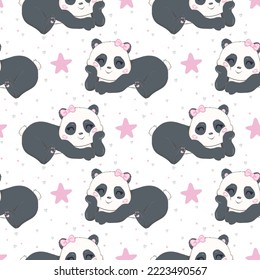 Cute Little Panda Bear with Hearts and dots Vector Illustration for Kids. Love Seamless Childish Pattern with Kawaii Baby Animals. Black and White Chinese or Bear Print for Nursery Wallpaper