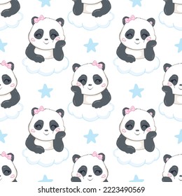 Cute Little Panda Bear with Hearts and dots Vector Illustration for Kids. Love Seamless Childish Pattern with Kawaii Baby Animals. Black and White Chinese or Bear Print for Nursery Wallpaper