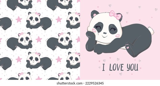 Cute Little Panda Bear with Hearts and dots Vector Illustration for Kids. Love Seamless Childish Pattern with Kawaii Baby Animals. Black and White Chinese or Bear Print for Nursery Wallpaper