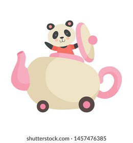 Cute Little Panda Bear Riding Car Made of Ceramic Teapot, Funny Adorable Animal in Transport Vector Illustration