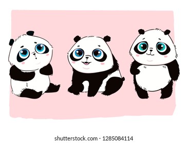 Cute little panda bears. Hand drawn vector set. All elements are isolated