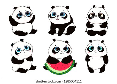 Cute little panda bears in various poses. Hand drawn vector set. All elements are isolated