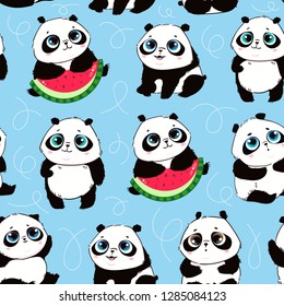 Cute little panda bears in various poses. Hand drawn vector seamless pattern. Blue background