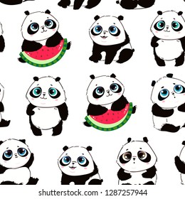 Cute little panda bears in various poses. Hand drawn vector seamless pattern